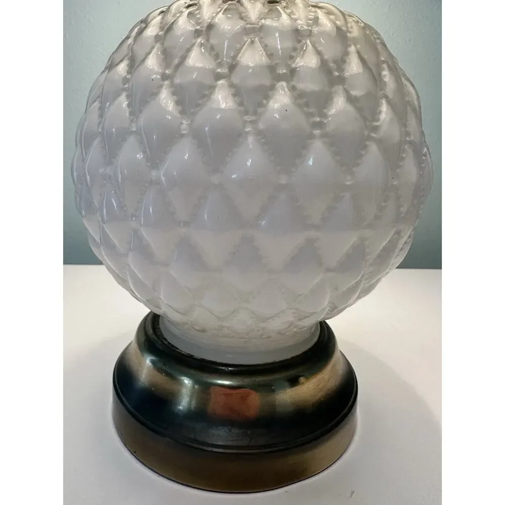 Vintage Hollywood Regency Quilted Hobnail Milkglass Lamp with Brass MCM